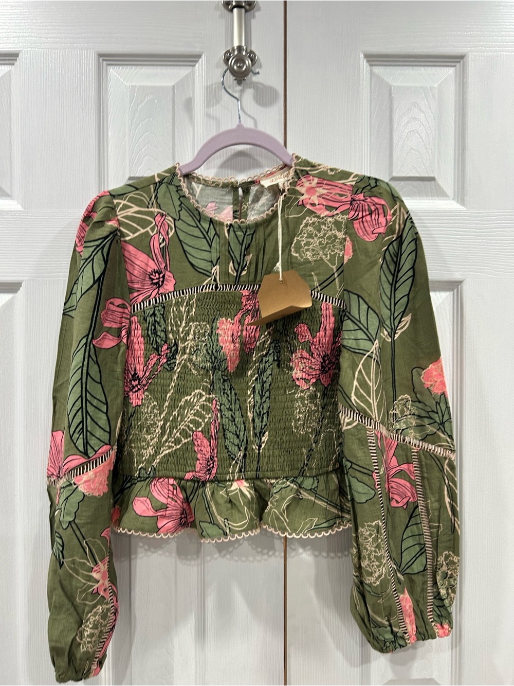 Listicle Olive Green Floral Smocked Crop Top with Pink Accents